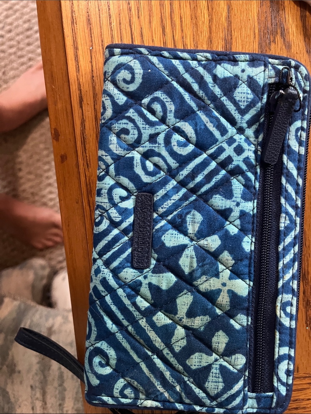 Vera Bradley Navy and Teal Quilted Zip Wallet with Geometric Print